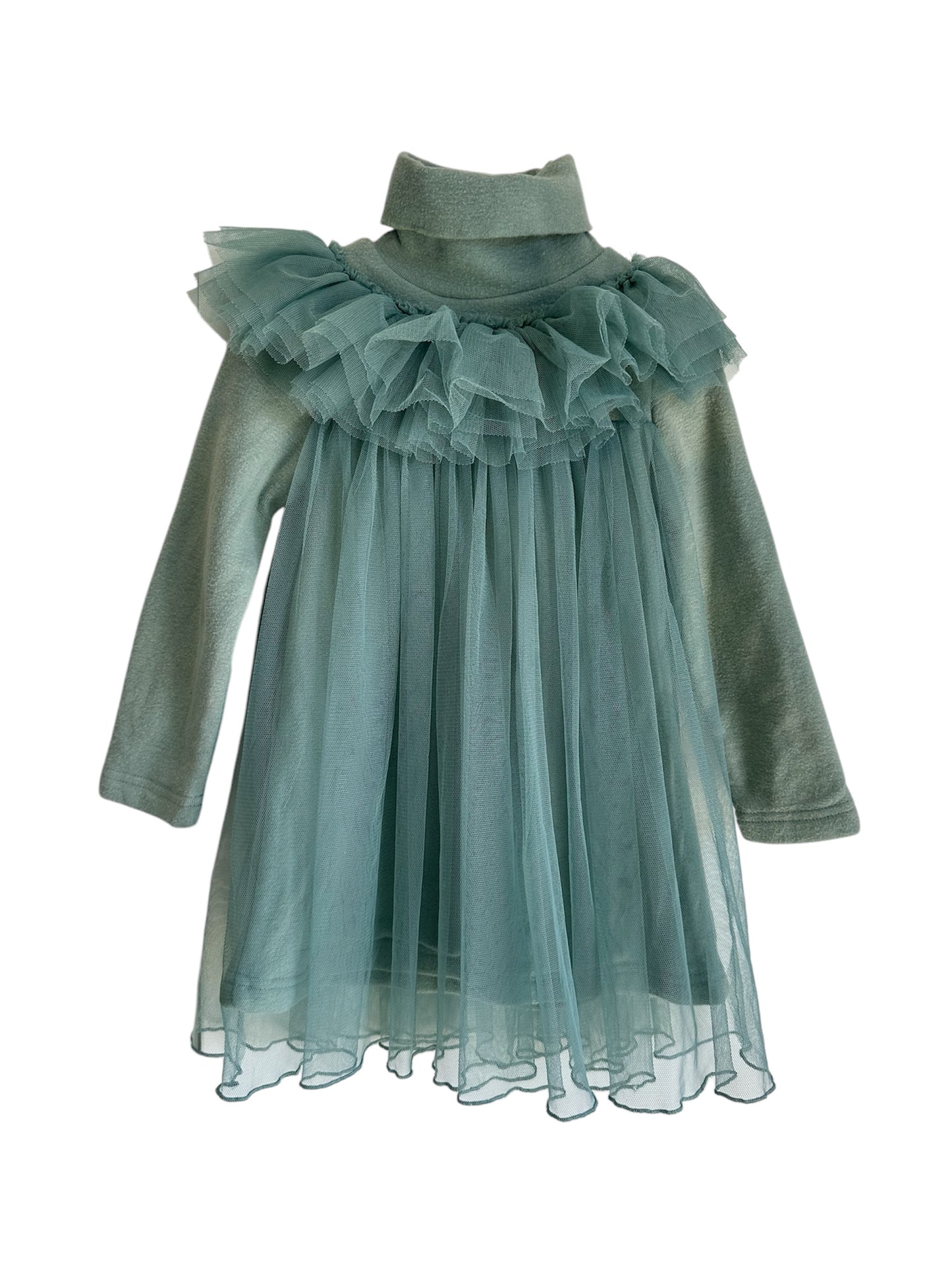 Strawberry Coral - Green Fleece Party Dress - Size 4-5