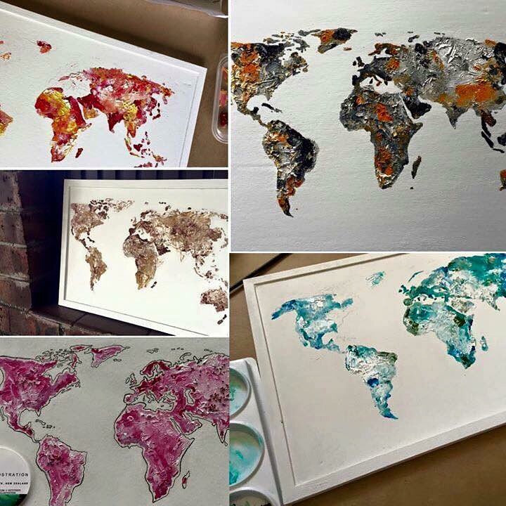 Original - ‘Pin Where You’ve Been’ - World Map - Oil Paint Cork Board - Blue / Green